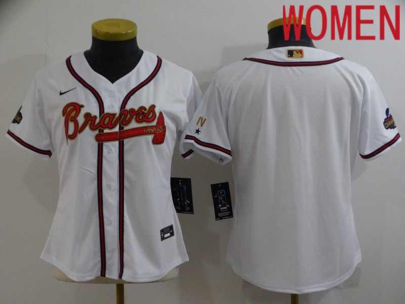 Women Atlanta Braves Blank White Gold Game Nike 2022 MLB Jersey->women mlb jersey->Women Jersey